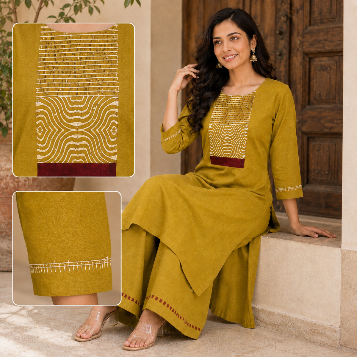 Anvita Mustard Yellow Cotton Kurta and Palazzo Set with Yoke Detail