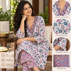 Revanta Soft Cotton Floral Printed Kurta Set with Chevron Neck, Lining & Matching Pants