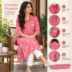 Anvita Pink Cotton Kurta with White Polka Print, Collar Neck & 3/4 Sleeves