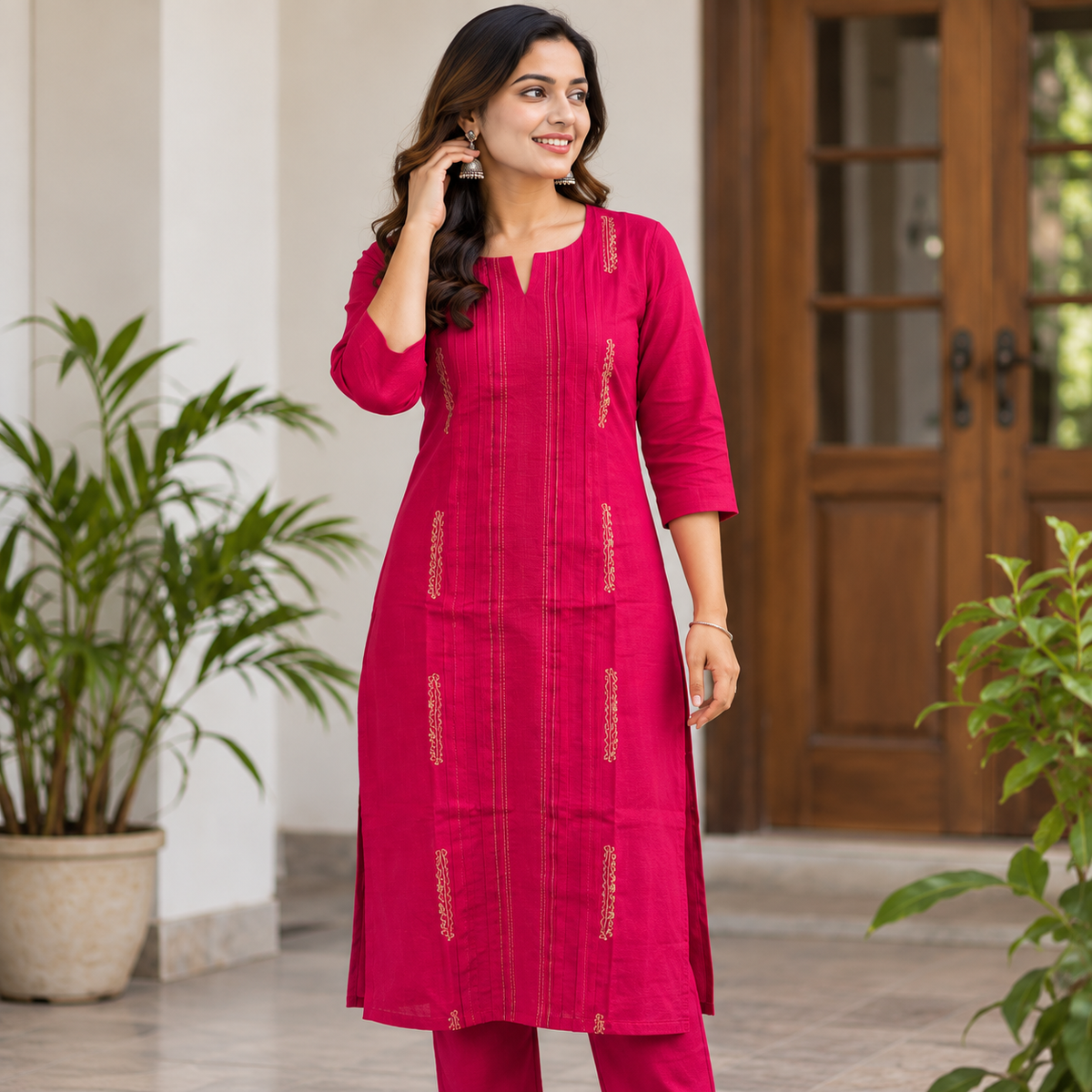 Anvita ( Celebrations) Magenta Cotton Silk Coord Set with Golden Thread Embroidery