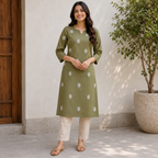 Revanta Green Handloom Cotton Kurta – Intricate Butta Design & Inner Lining – Elegant Everyday Ethnic Wear