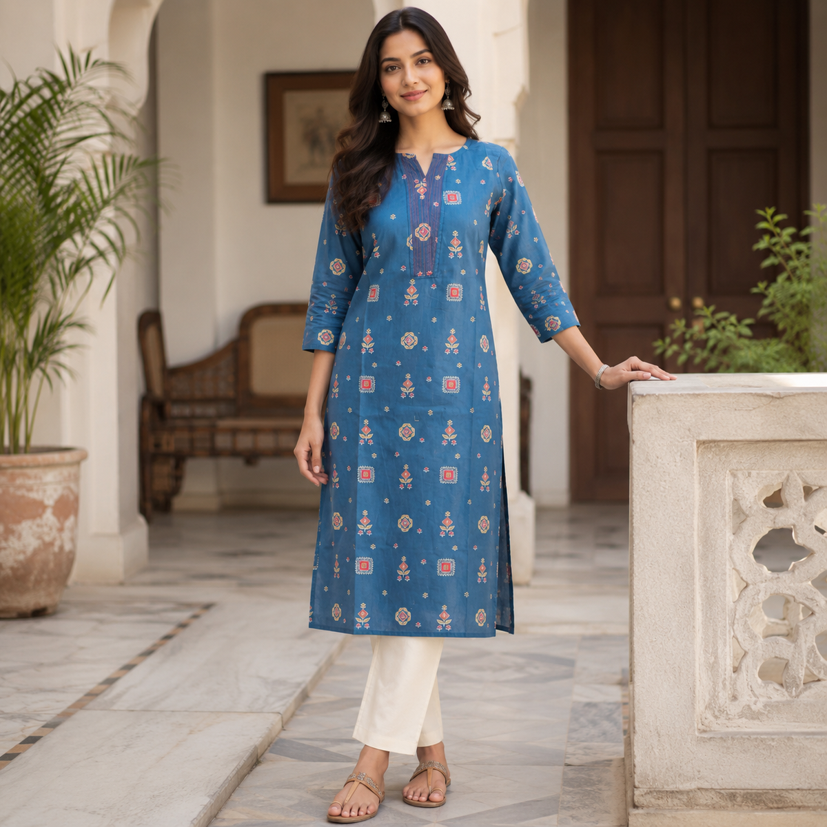 Revanta Teal Blue Printed Straight Cotton Kurta with Yoke Detail & Lining