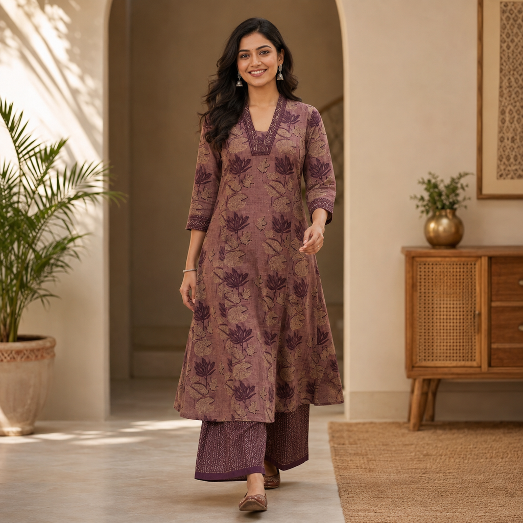 Anvita Cotton Soft Mauve-Brown Floral Print A-Line Kurta Set