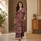 Anvita Cotton Soft Mauve-Brown Floral Print A-Line Kurta Set