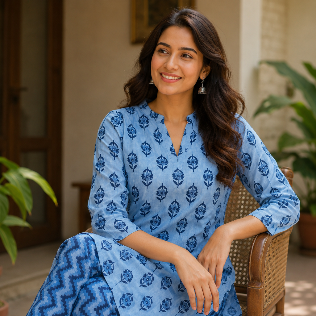 Revanta Blue Printed Cambric cotton Kurta Pant Set