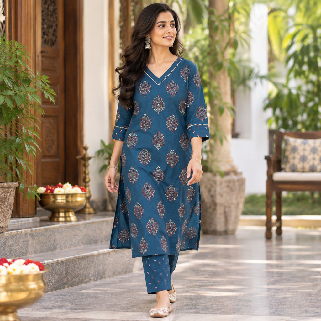 Anvita Blue Printed Cotton Kurta Pant Set with Contrast Border & Flared Sleeves