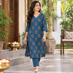 Anvita Blue Printed Cotton Kurta Pant Set with Contrast Border & Flared Sleeves