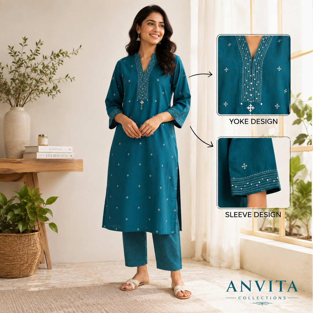 Anvita Teal Blue Embroidered Kurta & Pant Set