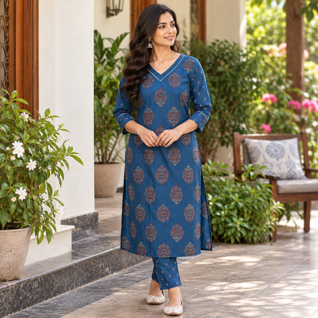 Anvita Blue Printed Cotton Kurta Pant Set with Contrast Border & Flared Sleeves