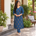 Anvita Blue Printed Cotton Kurta Pant Set with Contrast Border & Flared Sleeves