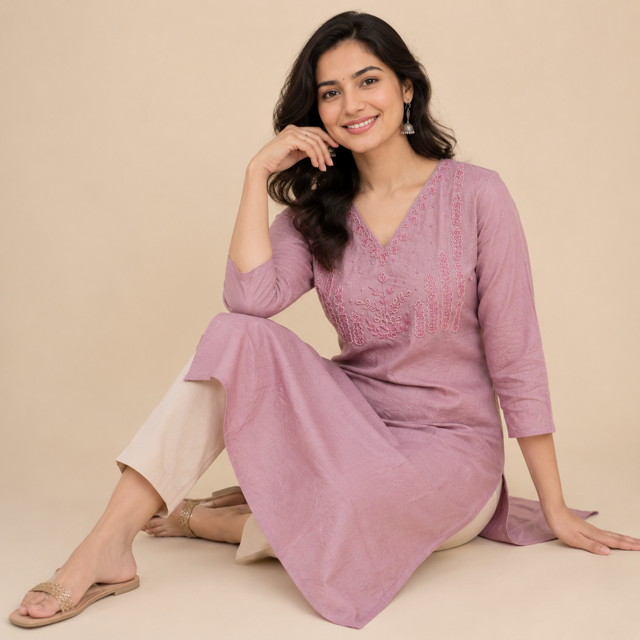 Women’s A-Line Kurti in Crushed Nylon with Bead Handwork and Lining-Dusty Mauve