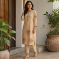 Revanta Sand Beige Embroidered Kurta Pant Set with Floral Motifs