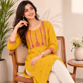 Anvita Yellow Cotton Kurta – Vibrant Pink Embroidered Yoke & Keyhole Detail – Elegant Ethnic Wear