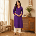 Anvita Purple Straight Cotton Kurta with Contrast Red V-Neck & Motif Detail