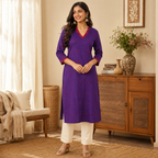 Anvita Purple Straight Cotton Kurta with Contrast Red V-Neck & Motif Detail