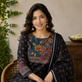 Revanta Women's Navy Blue Pakistani Style 3-Piece Cotton Suit Set with Printed Dupatta