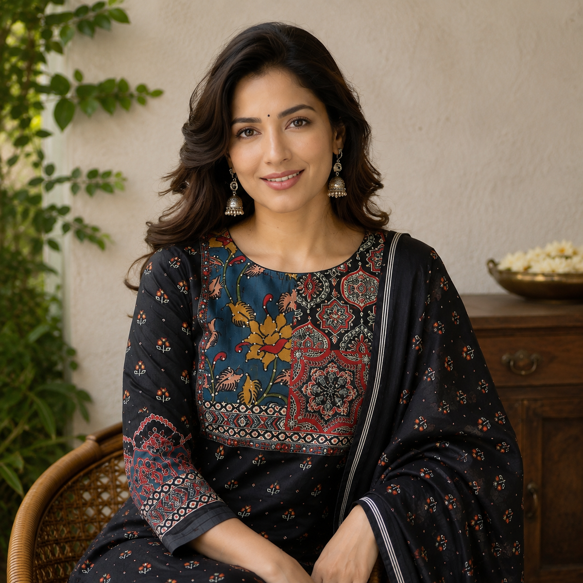 Revanta Women's Navy Blue Pakistani Style 3-Piece Cotton Suit Set with Printed Dupatta