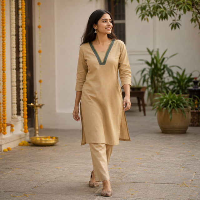 Revanta Sandal Handloom Cotton Kurta – Jacquard Patti Neck Detail & Inner Lining– Elegant Ethnic Wear