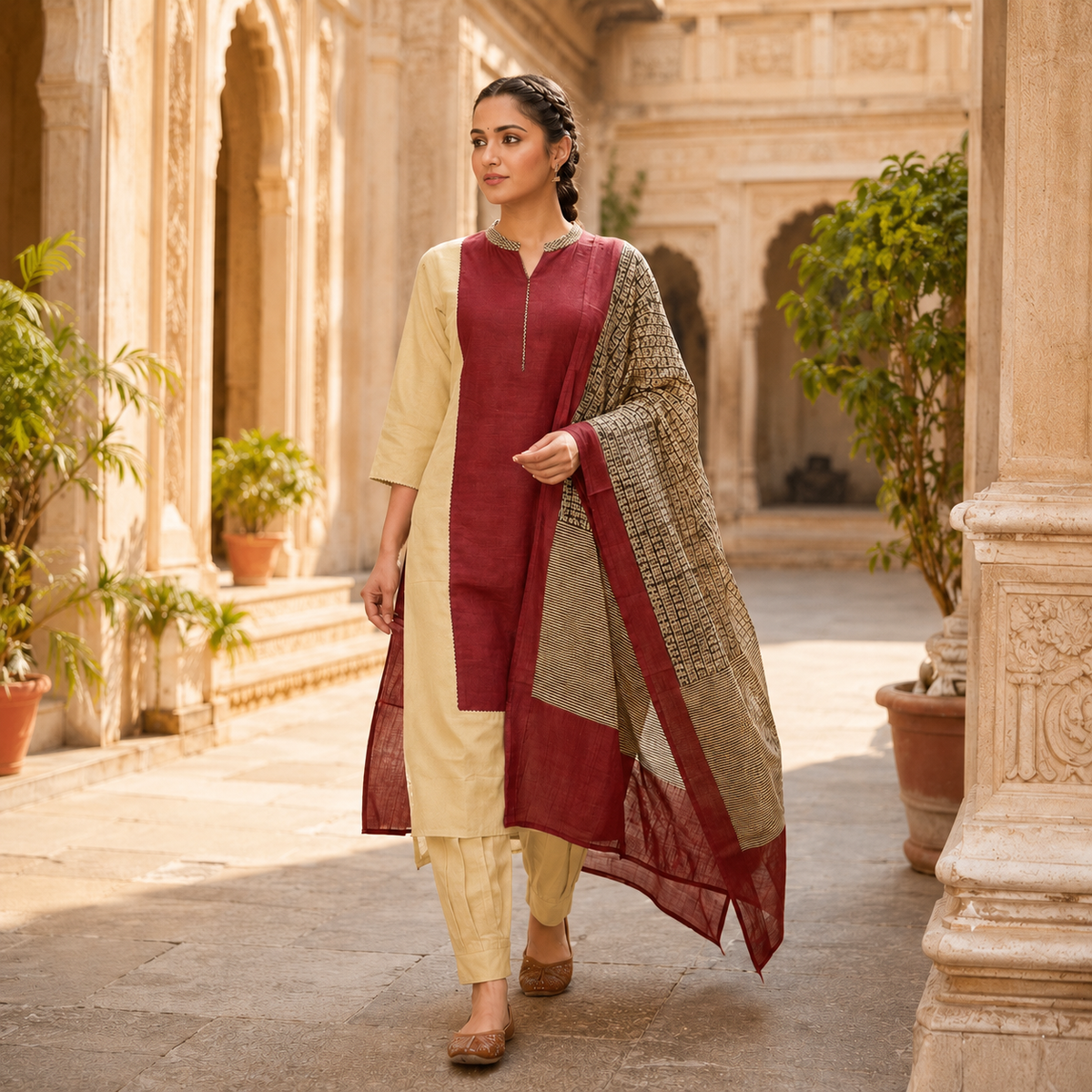 Revanta Beige & Maroon Colour-Block Cotton Kurta Set with Printed Dupatta