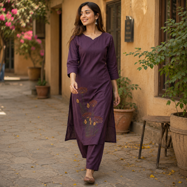Women's A-Line Kurta Set with Inner Lining – Crushed Nylon Beadwork in Grape Purple & Light Blue