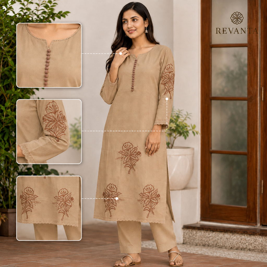 Revanta Sand Beige Embroidered Kurta Pant Set with Floral Motifs