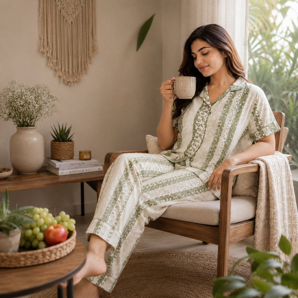 Revanta Women’s Olive Green Soft Printed Night Suit – Comfortable Lounge & Sleepwear Set
