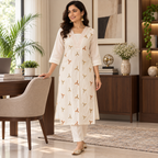 Revanta Cream Straight-Fit Kurta Co-Ord Set with V-Neck Pintucks and Motif Embroidery
