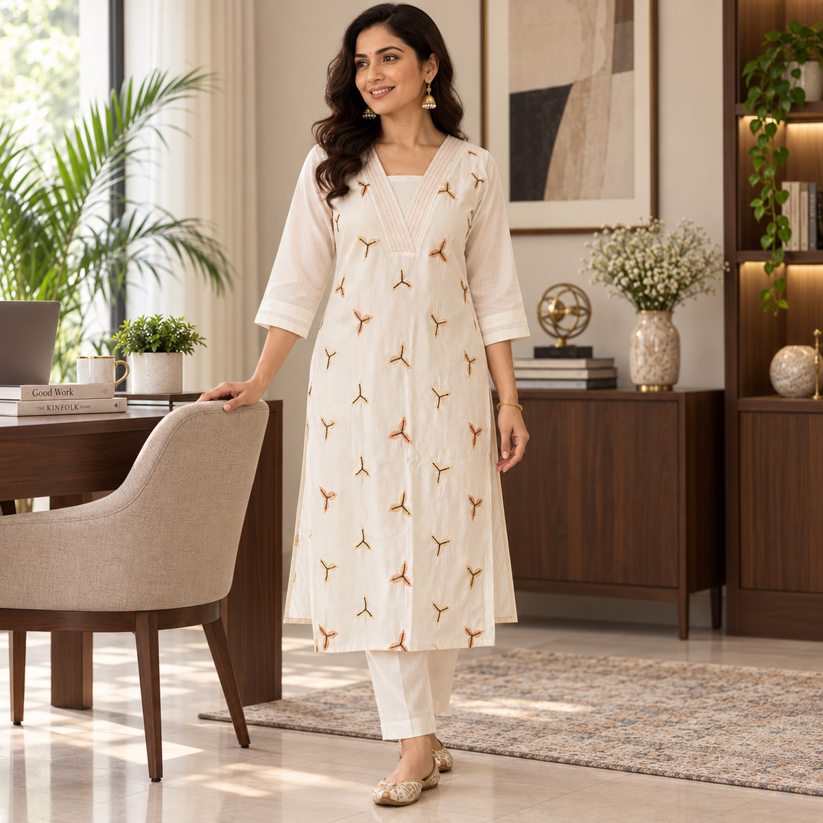 Revanta Cream Straight-Fit Kurta Co-Ord Set with V-Neck Pintucks and Motif Embroidery