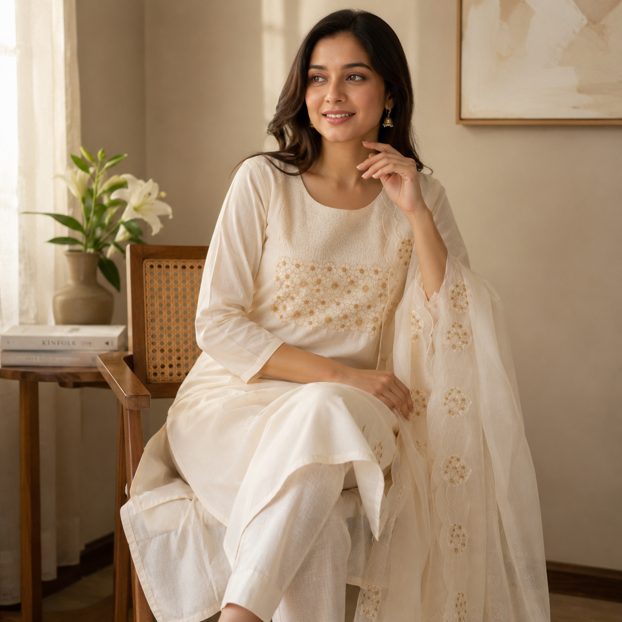 Revanta Cream Muslin Silk 3-Piece Suit – Embroidered & Sequined Yoke with Scallop Cutwork Dupatta – Elegant Festive Wear