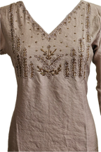 Women’s A-Line Kurti in Crushed Nylon with Bead Handwork and Lining- Sand Taupe