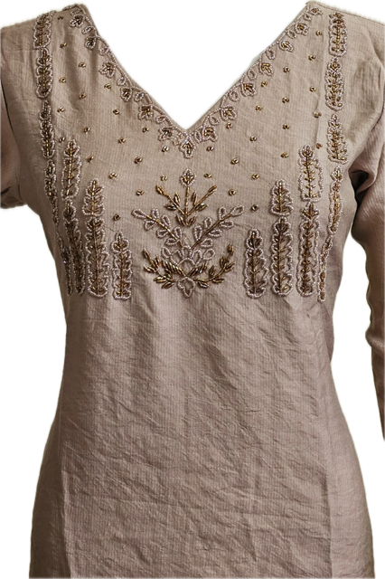 Women’s A-Line Kurti in Crushed Nylon with Bead Handwork and Lining- Sand Taupe