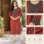 Anvita Maroon Cotton  Kurta with Embroidered Yoke, Floral & Glass Work