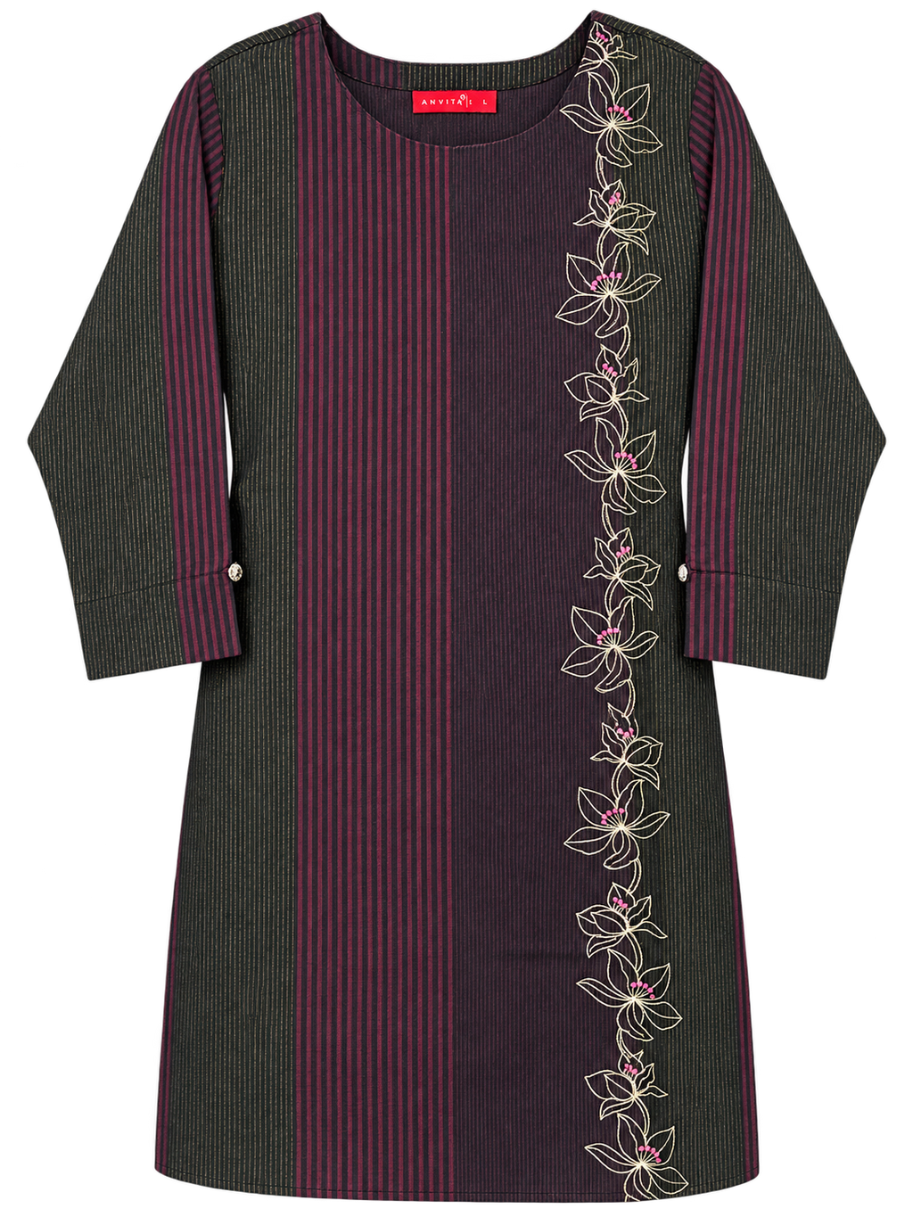 Anvita Black & Maroon Striped Embroidered Cotton Kurta | Floral Embroidery Kurti