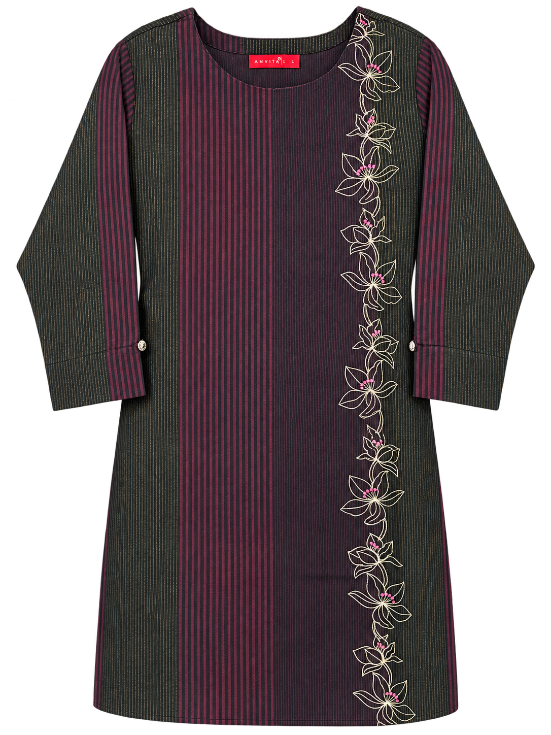 Anvita Black & Maroon Striped Embroidered Cotton Kurta | Floral Embroidery Kurti