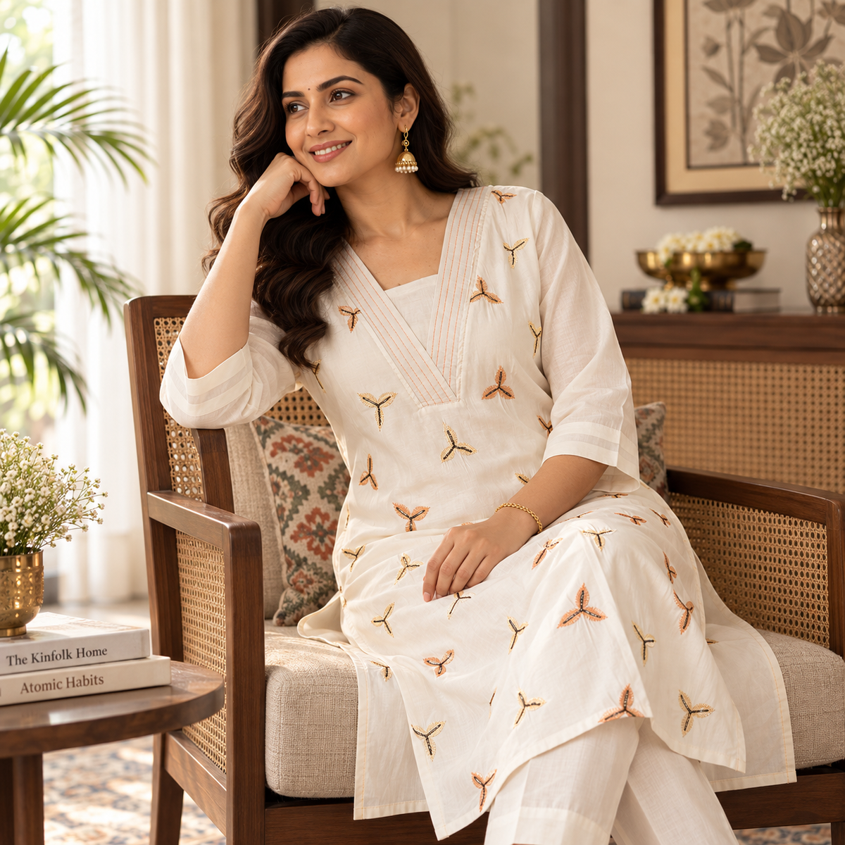 Revanta Cream Straight-Fit Kurta Co-Ord Set with V-Neck Pintucks and Motif Embroidery
