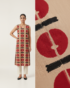 Beige Cotton Kurta – Crimson Abstract Disk Print – Contemporary Top with Attached Sleeves