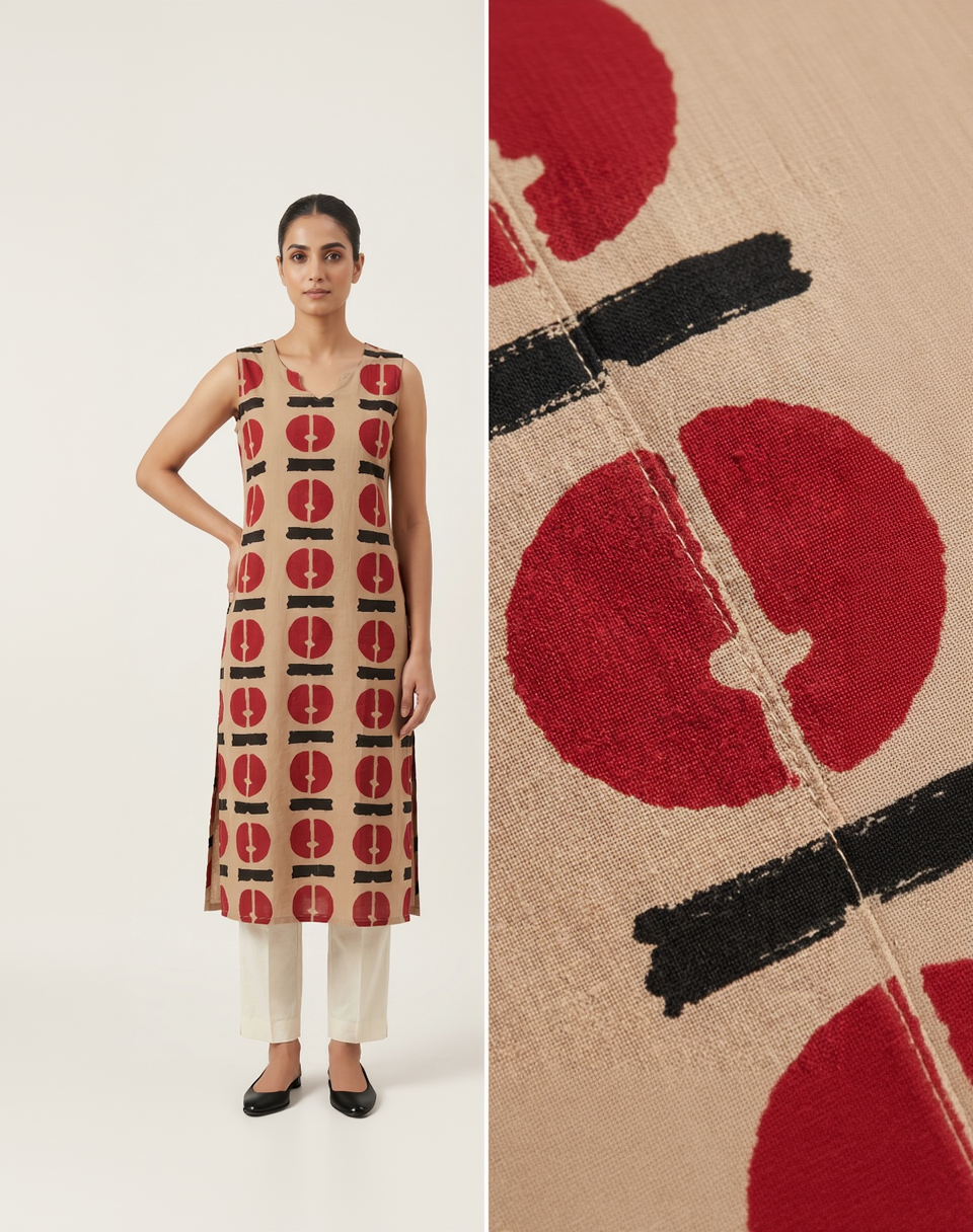 Beige Cotton Kurta – Crimson Abstract Disk Print – Contemporary Top with Attached Sleeves