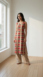 Beige Cotton Kurta – Crimson Abstract Disk Print – Contemporary Top with Attached Sleeves