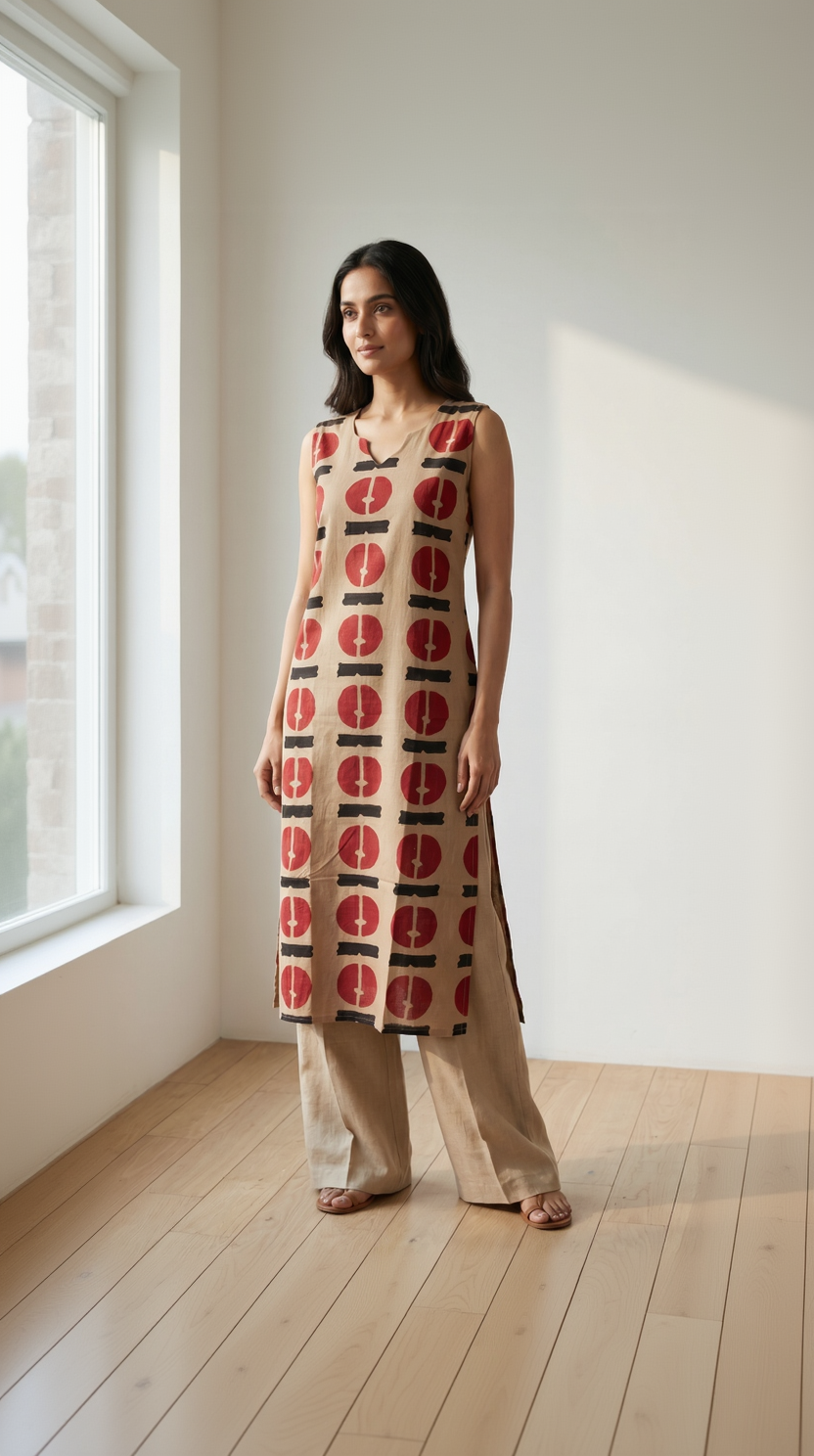 Beige Cotton Kurta – Crimson Abstract Disk Print – Contemporary Top with Attached Sleeves