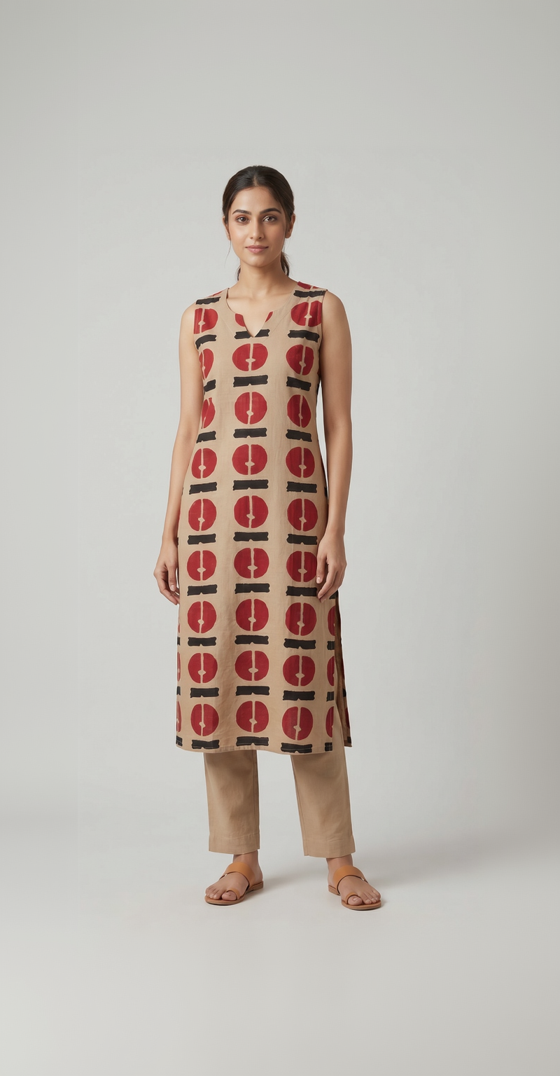 Beige Cotton Kurta – Crimson Abstract Disk Print – Contemporary Top with Attached Sleeves