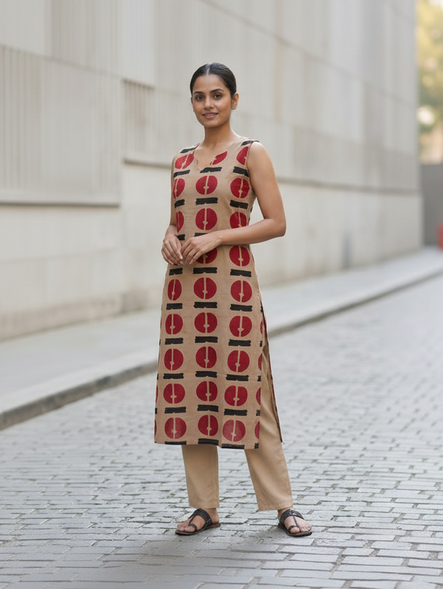 Beige Cotton Kurta – Crimson Abstract Disk Print – Contemporary Top with Attached Sleeves