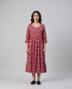 Berry Red Cotton Slub Gathered Midi Dress – Delicate Floral Digital Print – Ruffle Sleeve Detail
