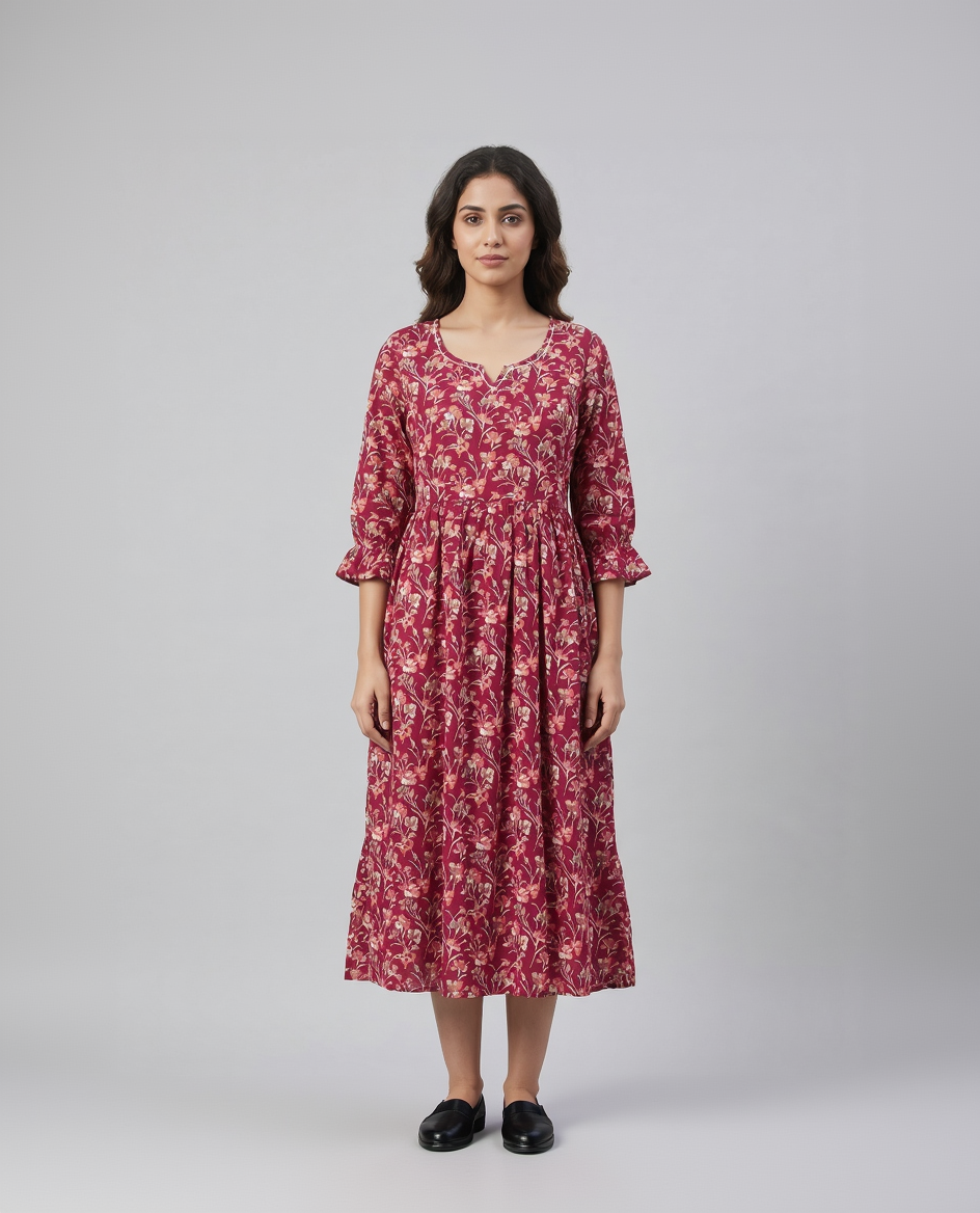 Berry Red Cotton Slub Gathered Midi Dress – Delicate Floral Digital Print – Ruffle Sleeve Detail