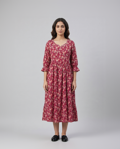 Berry Red Cotton Slub Gathered Midi Dress – Delicate Floral Digital Print – Ruffle Sleeve Detail