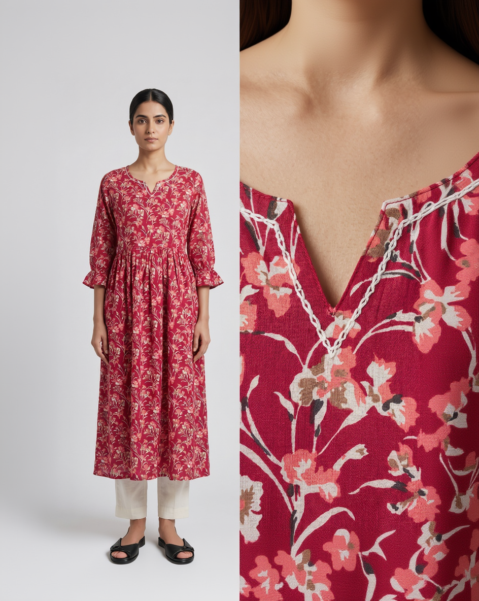 Berry Red Cotton Slub Gathered Midi Dress – Delicate Floral Digital Print – Ruffle Sleeve Detail