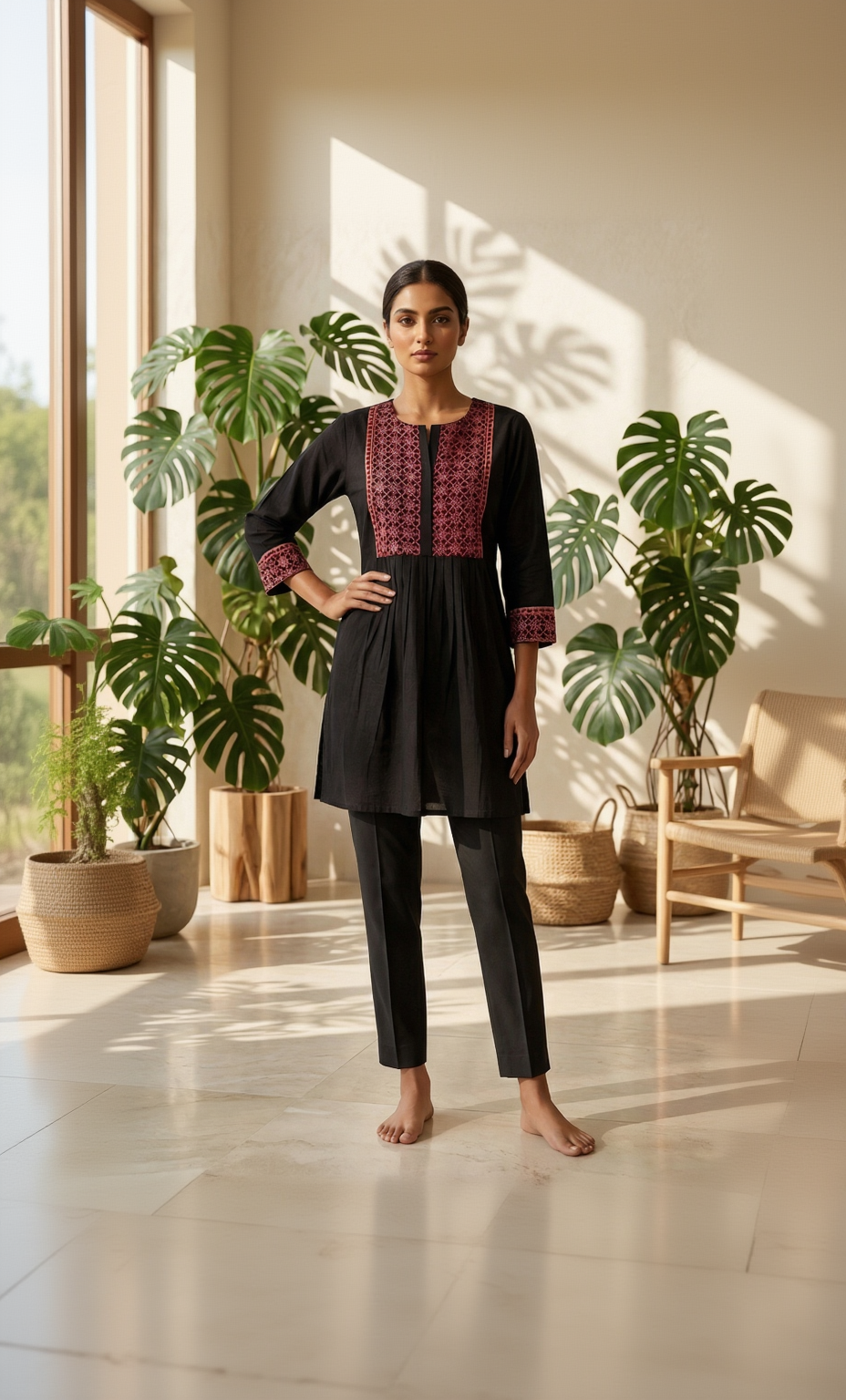 Black Pure Cotton Tunic with Maroon Natural Ajrakh Yoke – Mandala Print 3/4 Sleeve Daily Wear Top