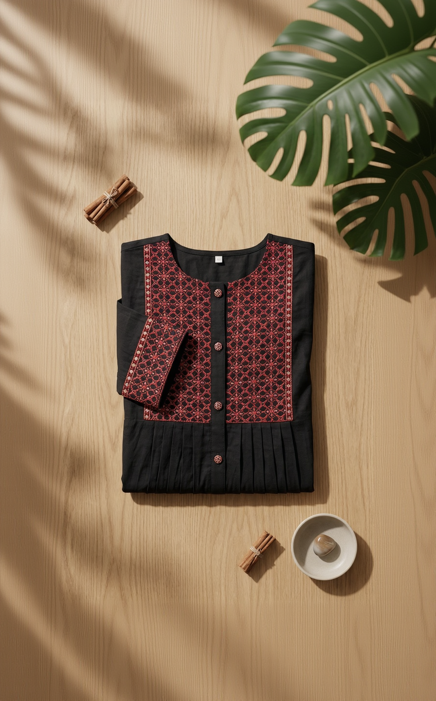 Black Pure Cotton Tunic with Maroon Natural Ajrakh Yoke – Mandala Print 3/4 Sleeve Daily Wear Top