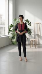 Black Pure Cotton Tunic with Maroon Natural Ajrakh Yoke – Mandala Print 3/4 Sleeve Daily Wear Top