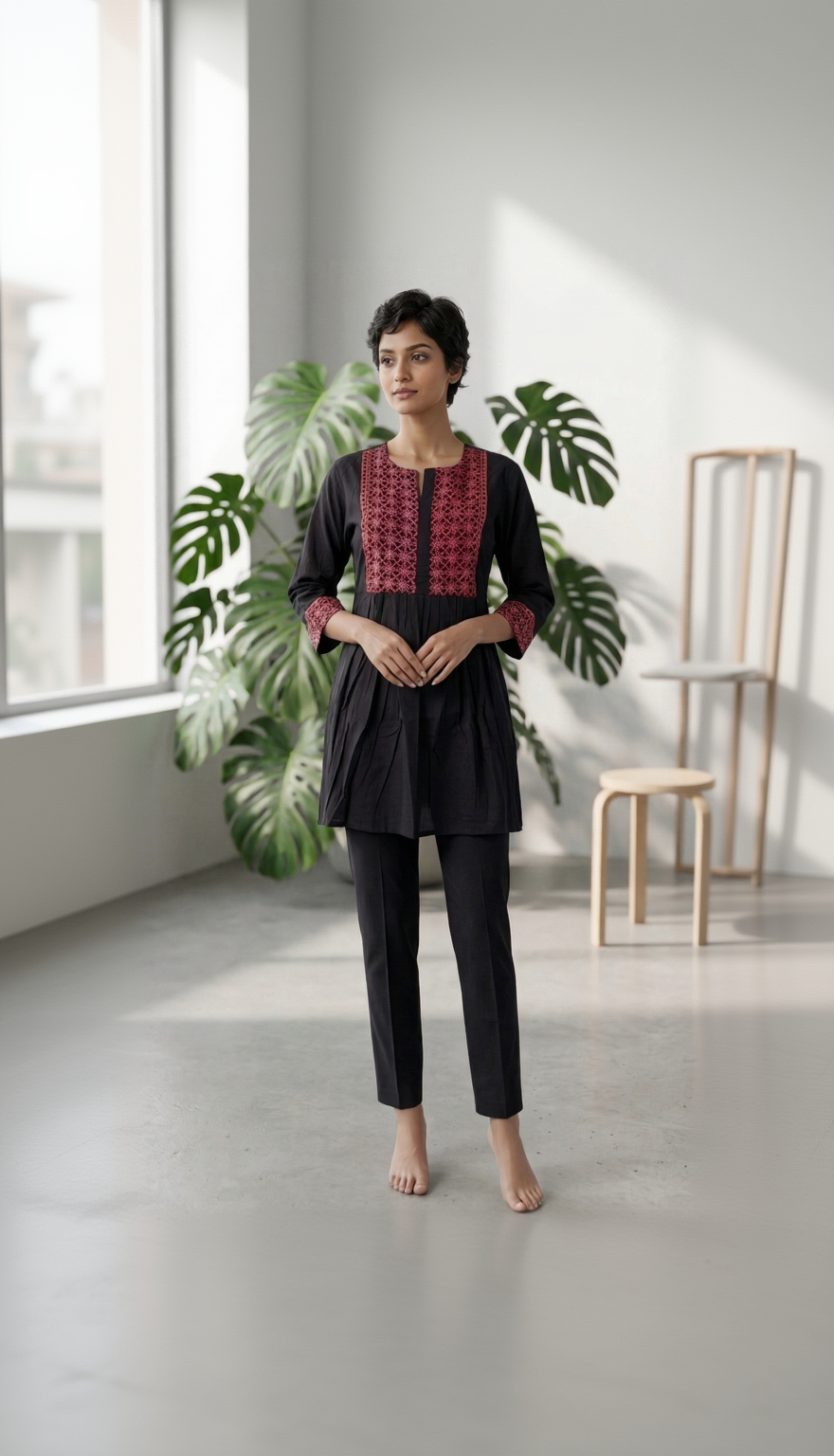 Black Pure Cotton Tunic with Maroon Natural Ajrakh Yoke – Mandala Print 3/4 Sleeve Daily Wear Top
