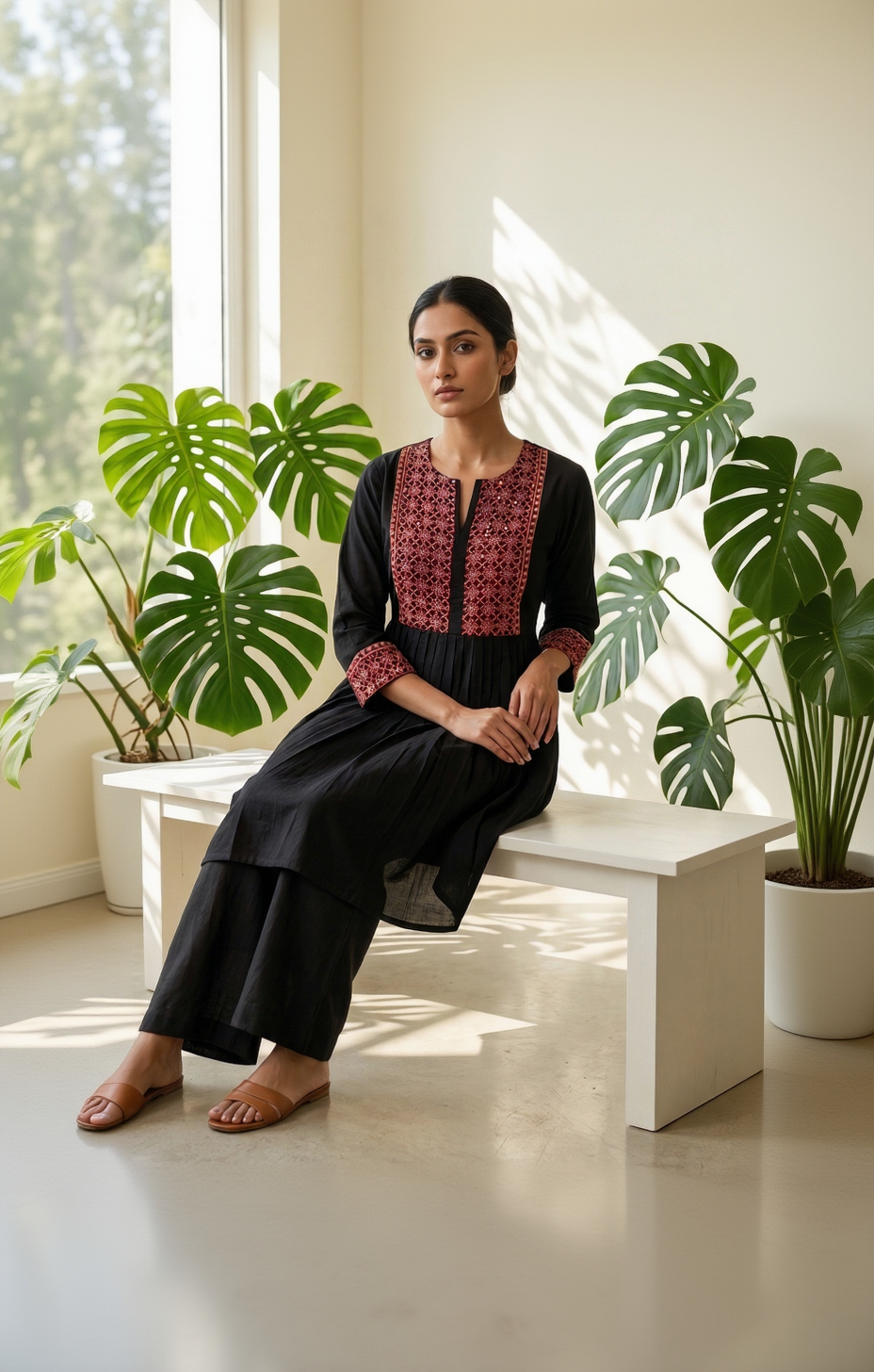 Black Pure Cotton Tunic with Maroon Natural Ajrakh Yoke – Mandala Print 3/4 Sleeve Daily Wear Top